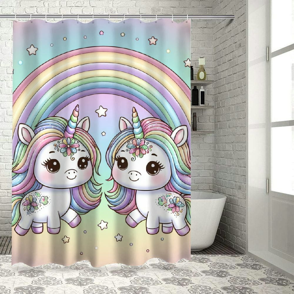 Lzatpd Unicorn Shower Curtain for Kids Girls Rainbow Pink Purple