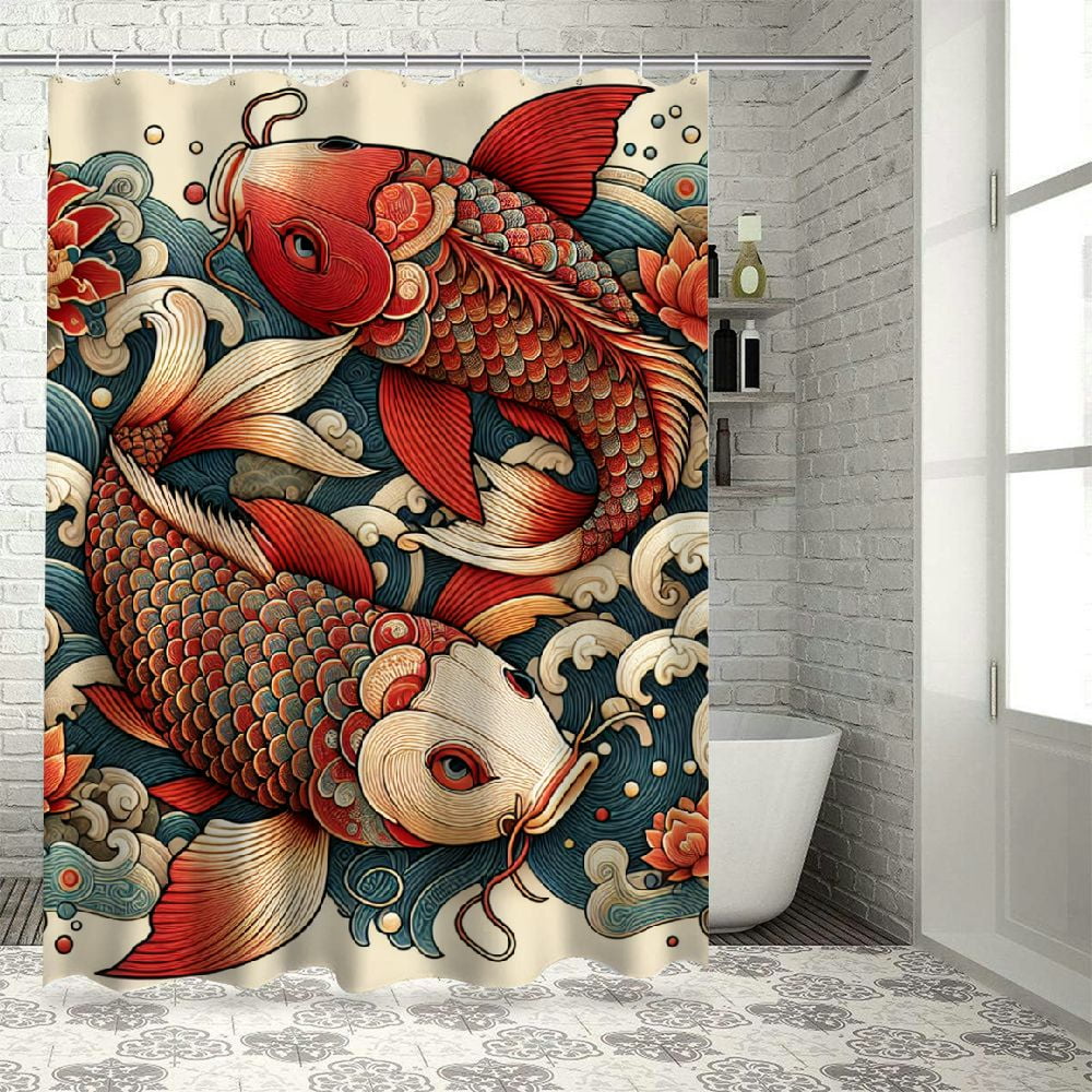 Lzatpd Vintage Japanese Koi Fish Shower Curtain, Petal Wave Asian Carp