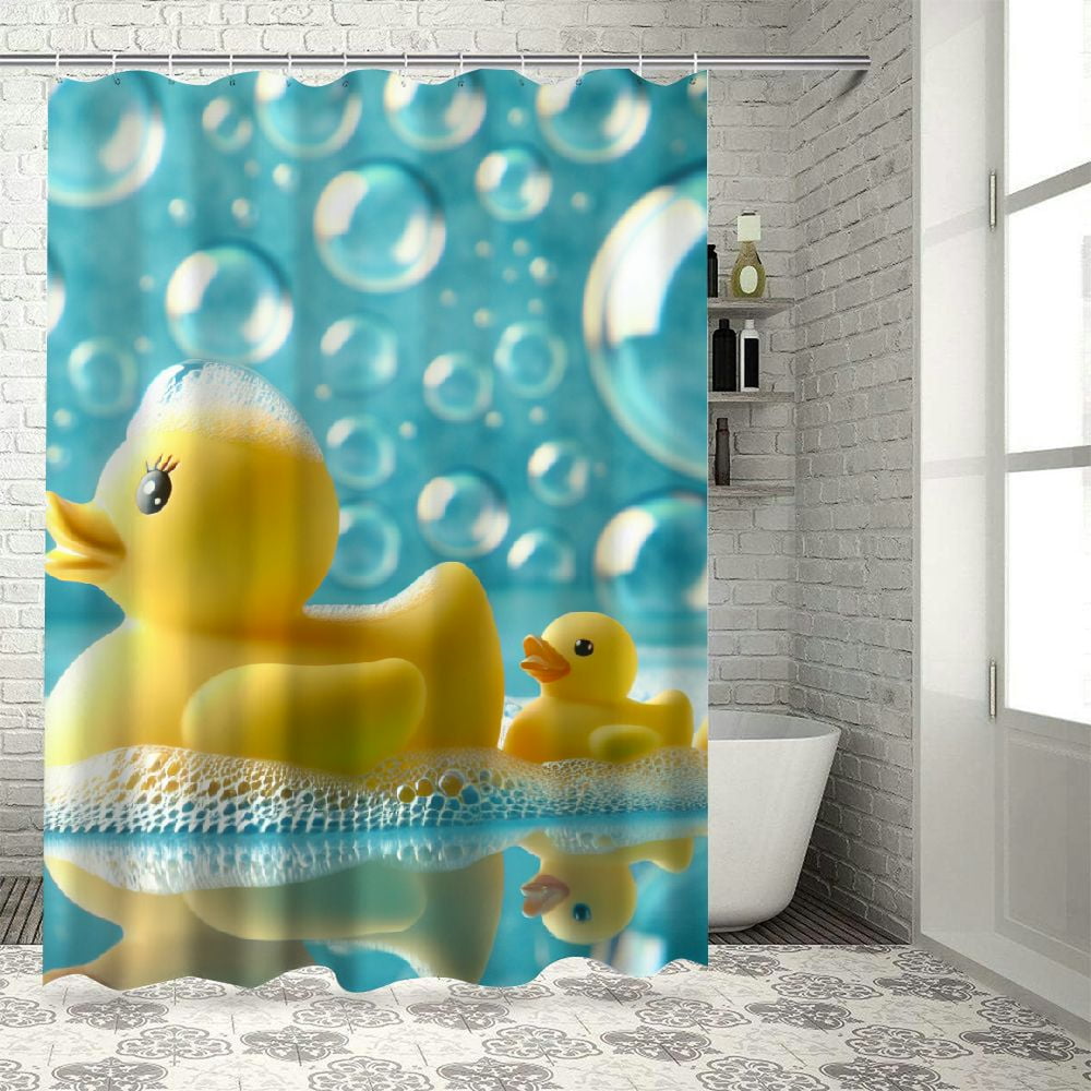 Lzatpd Yellow Duck Shower Curtain, Funny Swimming Rubber Animal on Water with Bubbles and Waves