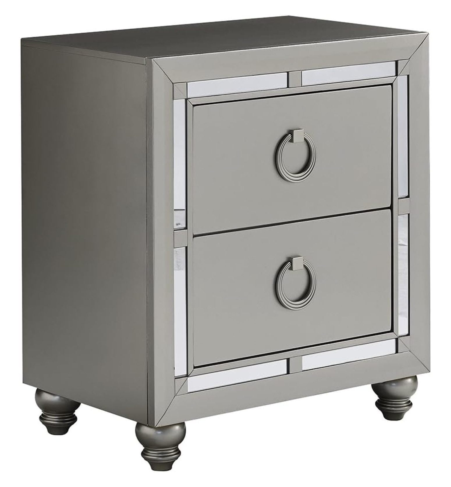 Silver Mirrored 2-Drawer Nightstand with Ring Pulls