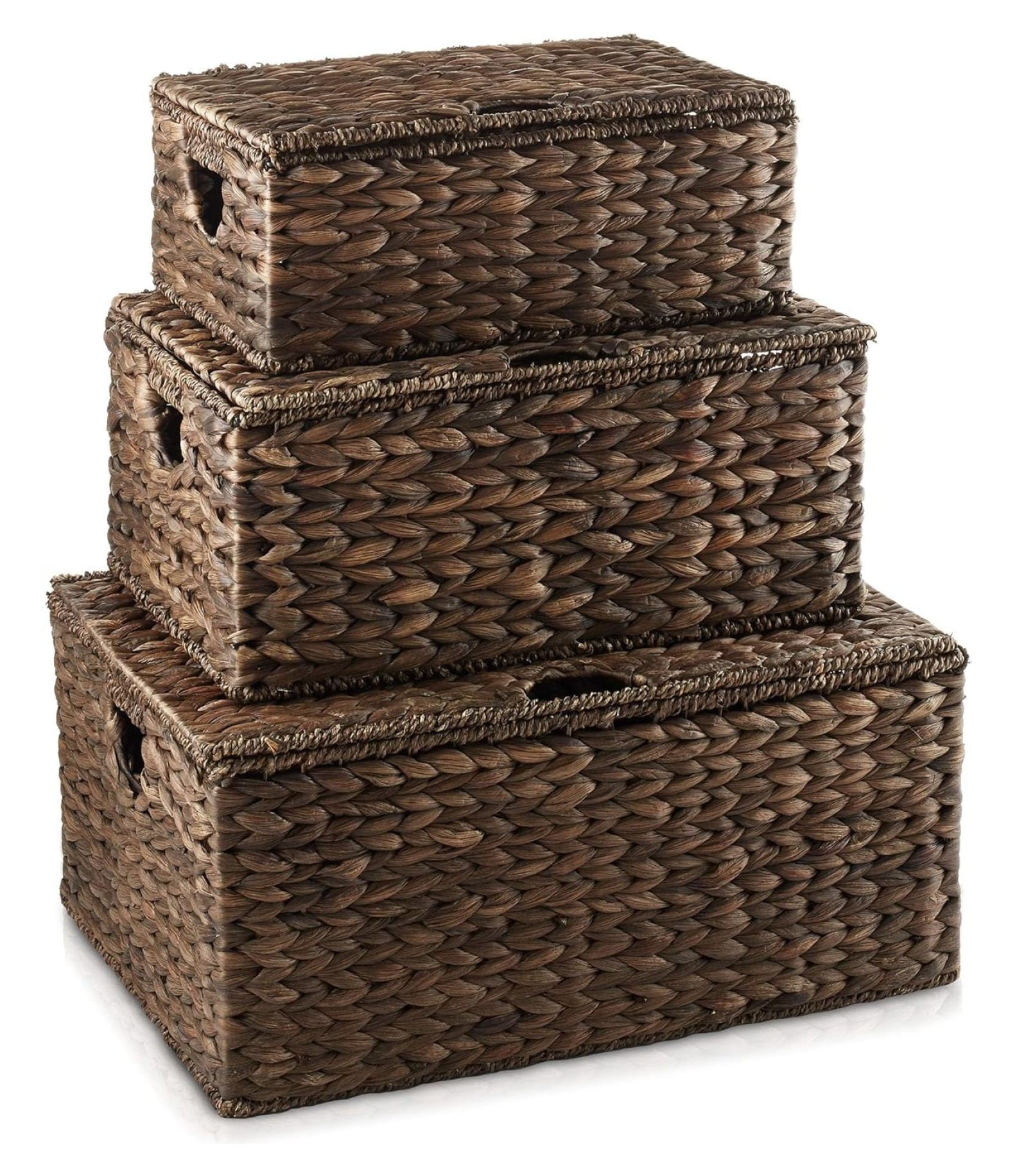 Set of 3 Natural Seagrass Rectangular Storage Baskets with Lids