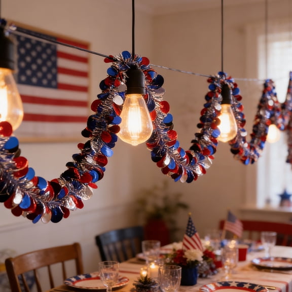 Lzobxe 250th Anniversary Glitter Tinsel Patriotic Decors, Red White Blue Tinsel Garland Decor Stars Hanging Ornaments for Tree, Party, Yard Door, Home