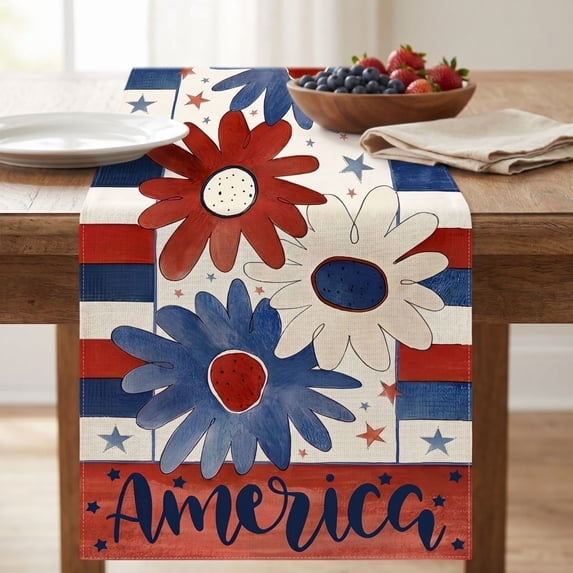 Lzobxe 4th Of July Table Runner Patriotic Red White Blue Stars and Stripes Tablecloth for Kitchen, Party and Independence Day Festive Dining Table Decor