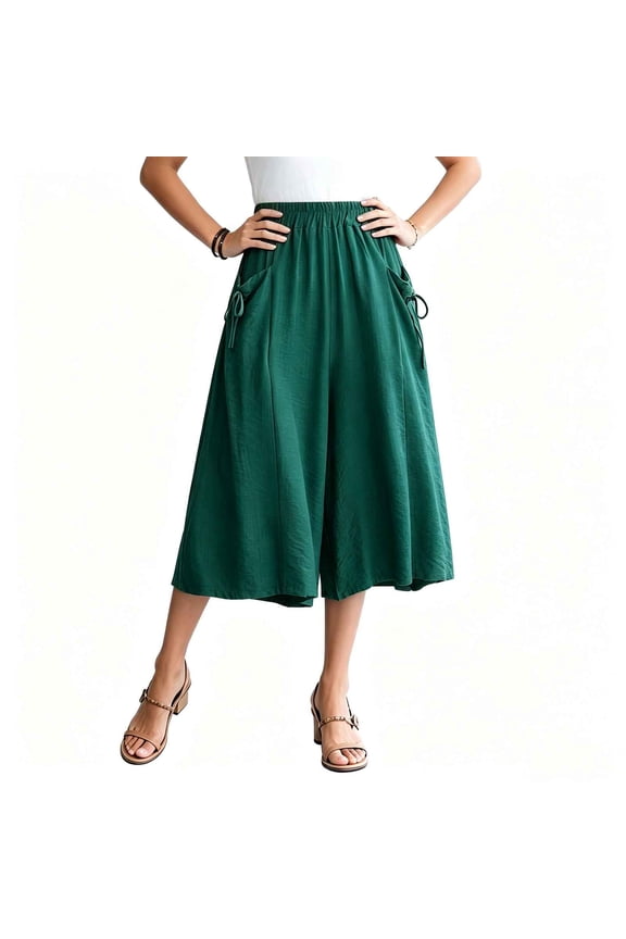 Capri Pants for Women Solid Color Elastic Waist Wide-Leg Skirt Casual Cropped ,Size M-5XL