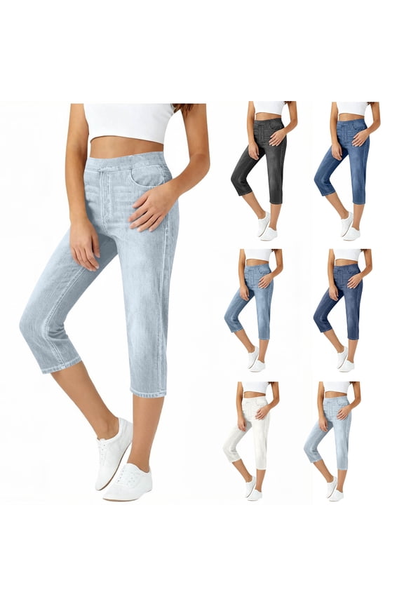 Capri Pants for Women Stretch Pull on High Waist with Pockets,Size S-2XL