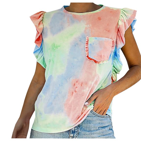 Lzobxe Going Out Tops for Women Spring /Summer Lace Flying Sleeves Round Neck Tie Dyed T-shirt,Sizes S-2XL