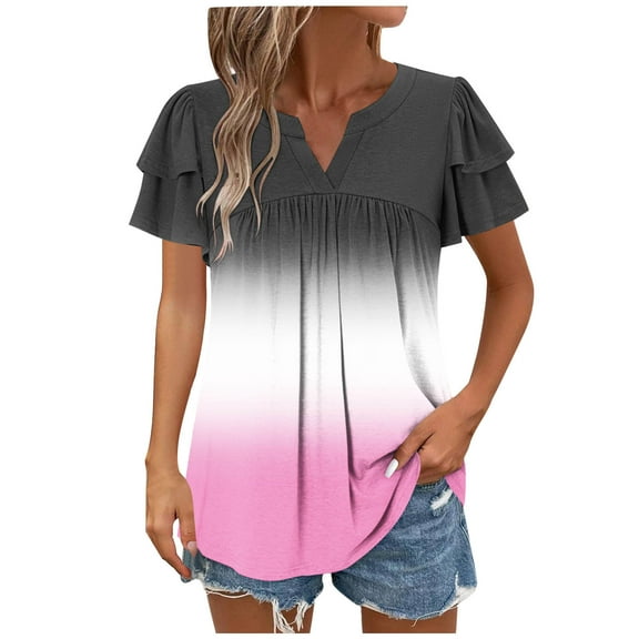 Lzobxe Going Out Tops for Women Spring and Summer Short Sleeved Casual Loose Solid Color Ruffled T-shirt,Sizes S-2XL