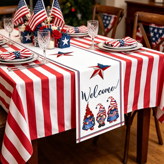 Lzobxe Independence Day Table Runner Red White Blue Flag Patterned Outdoor Tablecloth, 4th Of July Floral Tablecloths for Farmhouse Kitchen Patriotic Party