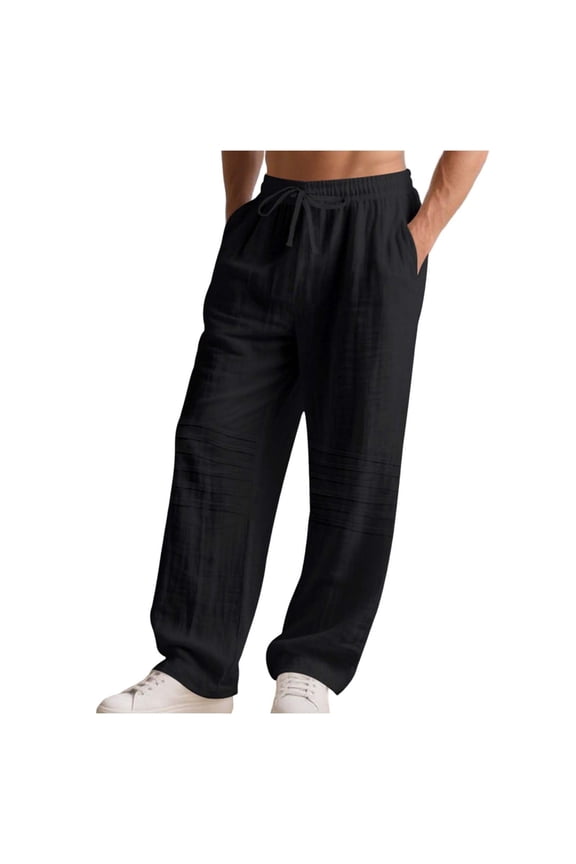 Mens Pants Cotton Linen Summer Thin Style Casual Straight Leg Tie String Drawstring Long with Pockets,Size S-3XL