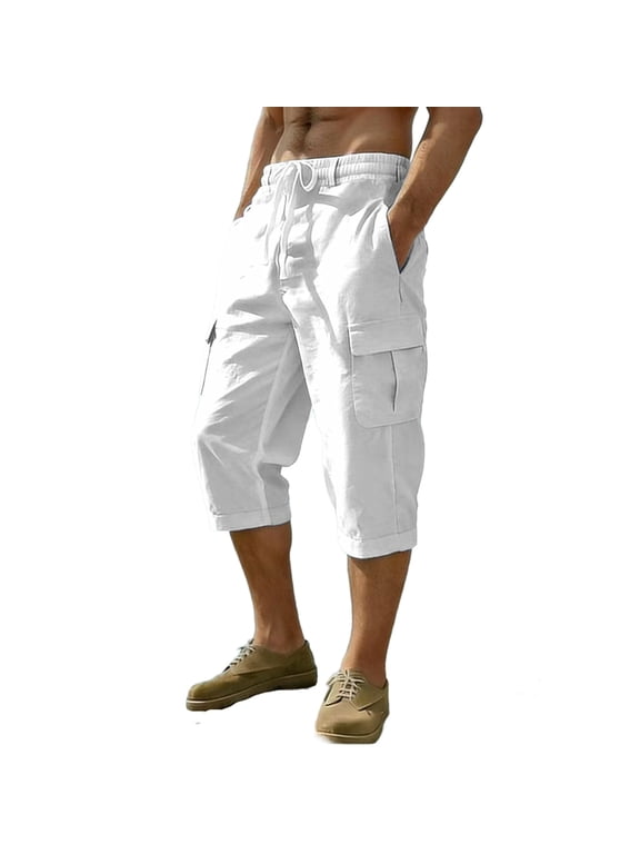 Pants for Men Casual Vacation 3/4 Length Cargo Cotton Linen Casual Cropped Slacks Loose Summer Beach with Pockets,Size S-3XL