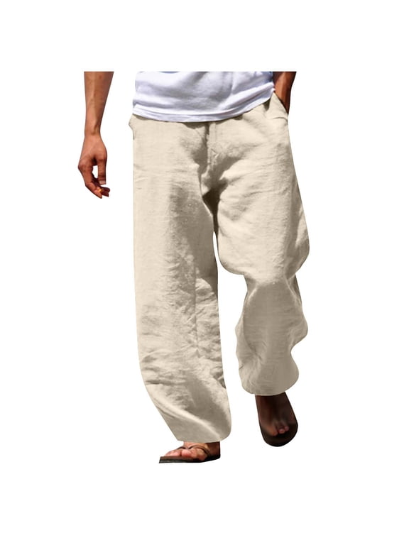 Pants for Men Linen Drawstring Casual Summer Beach Cotton,Size M-3XL