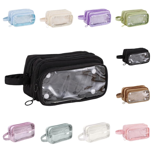 Lzobxe Pencil Pouch Large Capacity Pencil Case with Zipper and Clear Window, Stationery Holder Cosmetic Bag with Handle for College, Office, Travel