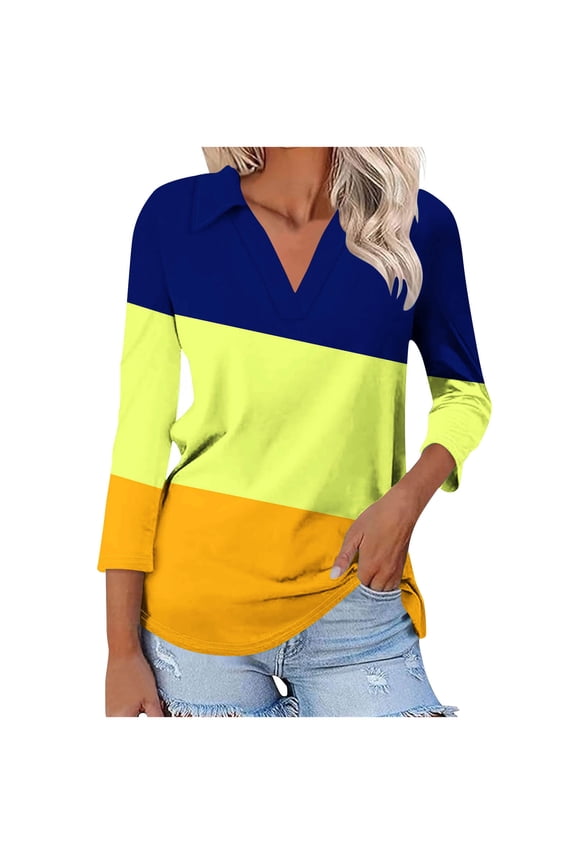 Lzobxe Shirts for Women Color Matching T-shirt Turn down Neck Lapel Short Sleeve,Sizes S-2XL