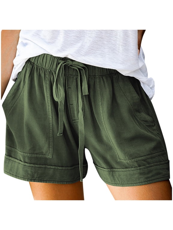 Shorts for Women Linen Blend Drawstring Casual Elastic Waist with Rolled Cuffs,Size S-5XL