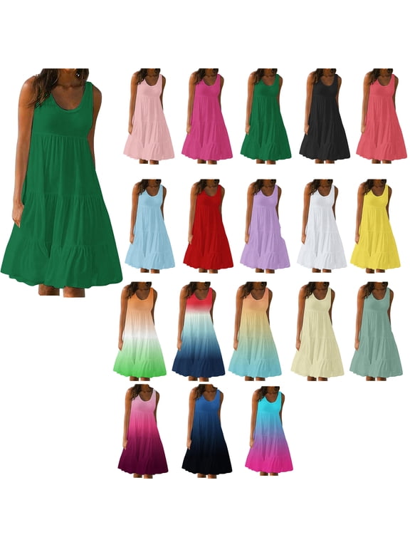 Summer Dresses for Women Summer Sleeveless Ruffle Flowy Casual Solid Loose Beach Crew Neck,Size S-5XL