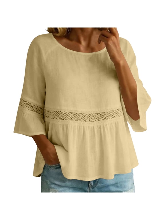 Summer Tops for Women Casual Round-Neck Solid-Color Three-Quarter-Sleeve Shirt Fashionable Versatile Loose Comfort Cotton-Linen Tops,Size S-2XL
