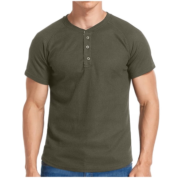 Lzobxe T Shirts for Man Casual Short Sleeve Henley Classic Fit Buttoned Placket Soft Waffle Knit,Size S-2XL