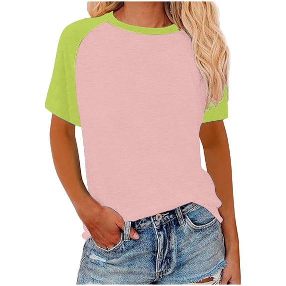 Lzobxe T Shirts for Women Contrasting Printed Short Sleeved Round Neck Pullover Top,Sizes S-5XL