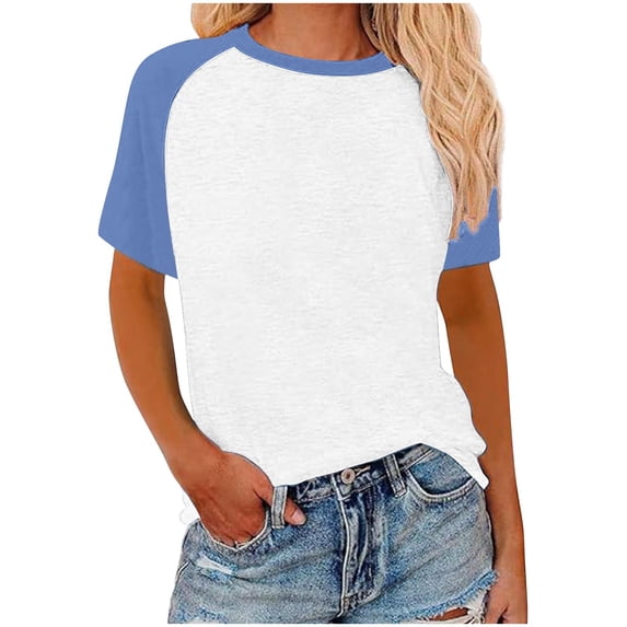 Lzobxe T Shirts for Women Contrasting Printed Short Sleeved Round Neck Pullover Top,Sizes S-5XL