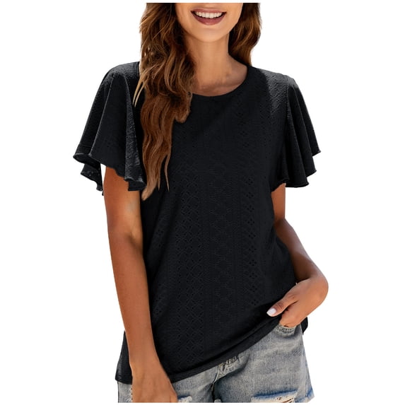 Lzobxe Tops for Women Trendy Summer Casual and Comfortable Hollow out Round Neck Waist Tied Ruffled Sleeve Casual,Sizes S-2XL