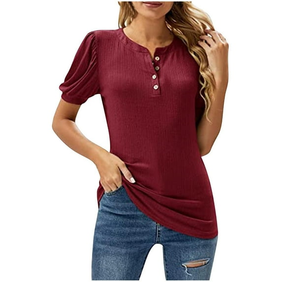 Lzobxe Tops for Women Trendy Summer Round Neck Button Solid Color Short Sleeve T-Shirt Loose Top,Sizes S-2XL