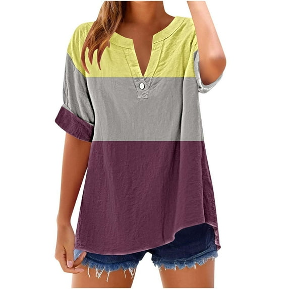 Lzobxe Tops for Women Trendy V-Neck Button Short-Sleeved Casual Printed T-shirt,Sizes S-2XL