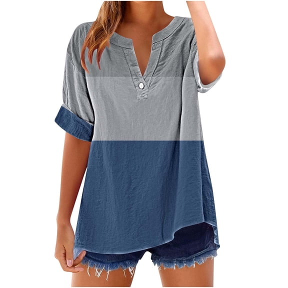 Lzobxe Tops for Women Trendy V-Neck Button Short-Sleeved Casual Printed T-shirt,Sizes S-2XL