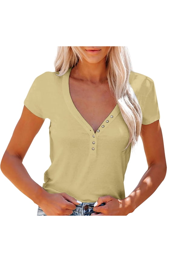 Women Tops Casual Short Sleeve Flared Sleeves V-Neck Solid Loose Tops,Sizes S-2XL