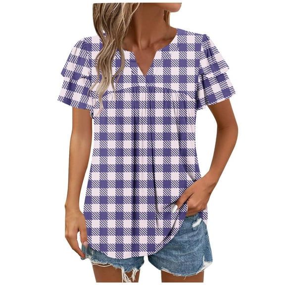 Lzobxe Women Tops Spring and Summer Casual Pleated Leaf Sleeves Short Sleeved V-Neck Shirt,Sizes S-2XL