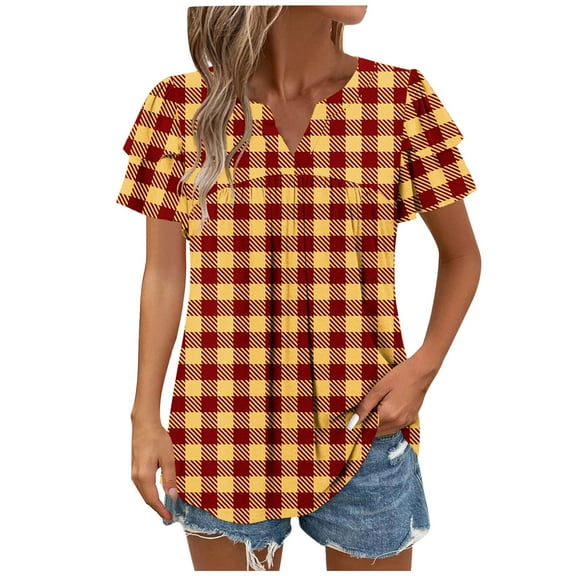 Lzobxe Women Tops Spring and Summer Casual Pleated Leaf Sleeves Short Sleeved V-Neck Shirt,Sizes S-2XL