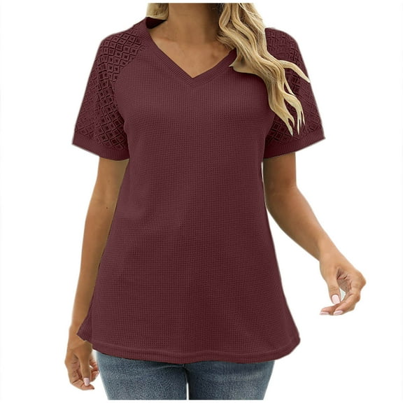 Lzobxe Women's Tops Casual Short Sleeve V-Neck Solid Blouse,Sizes S-2XL