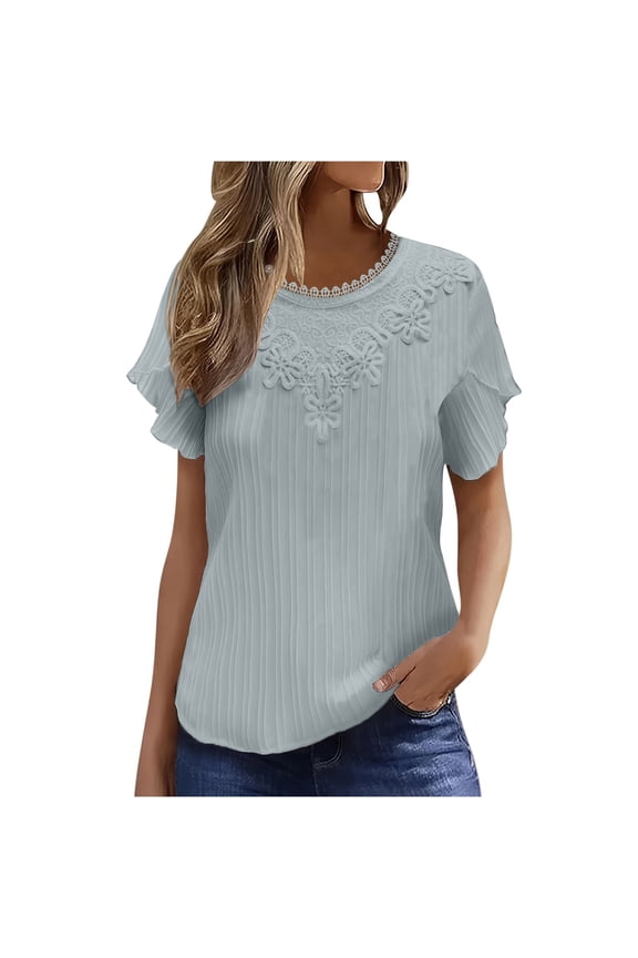 Women's Tops Casual Short Sleeved Loose Striped Pleated Round Neck Sold Top Blouse,Sizes S-2XL