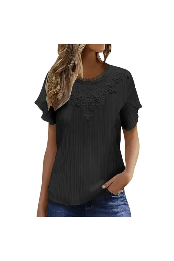 Women's Tops Casual Short Sleeved Loose Striped Pleated Round Neck Sold Top Blouse,Sizes S-2XL