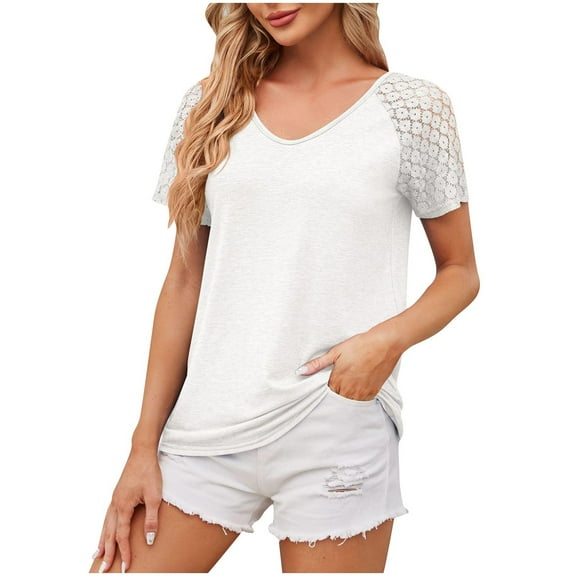 Lzobxe Women's Tops Patchwork Mesh Short Sleeved Top Solid Color Casual Loose T-shirt,Sizes S-2XL