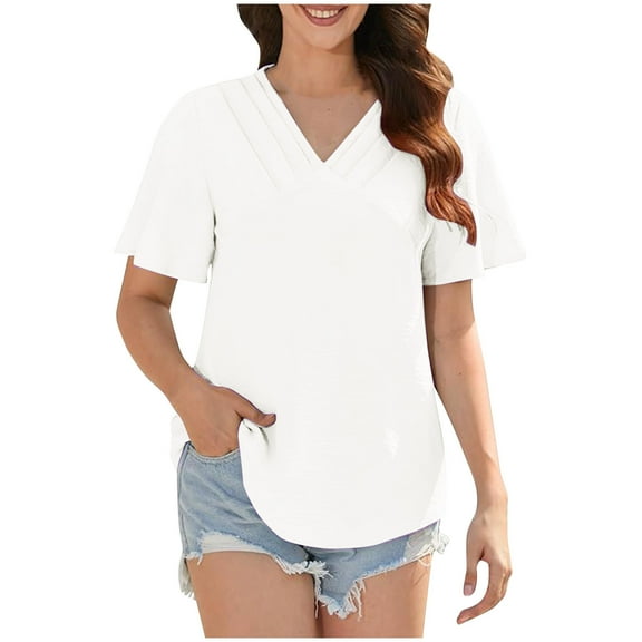 Lzobxe Women's Tops Short Sleeved Basic Casual V Neck Pleated T-shirt Loose Fitting Cotton,Sizes S-3XL