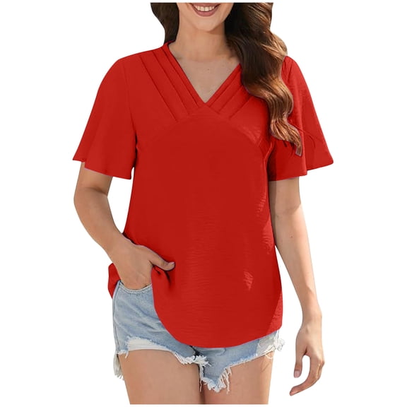 Lzobxe Women's Tops Short Sleeved Basic Casual V Neck Pleated T-shirt Loose Fitting Cotton,Sizes S-3XL