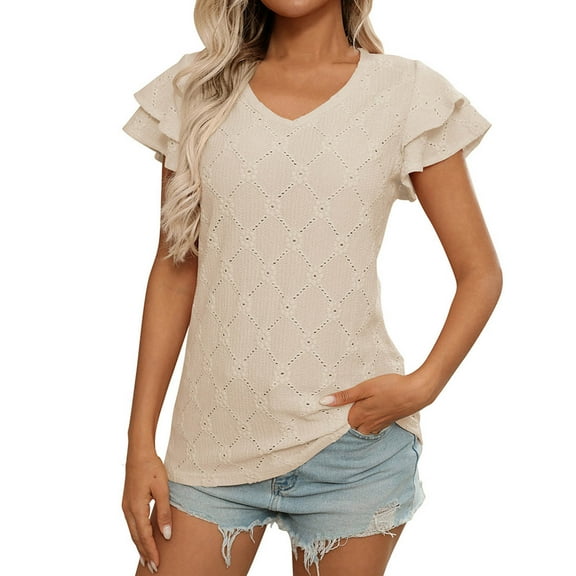 Lzobxe Women's Tops Summer Solid Color V-Neck Short Sleeve Blouses,Sizes S-2XL