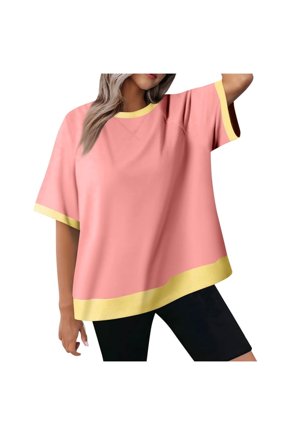 Women's Tops, Tees & Blouses Loose Casual Splicing Threaded Round Neck Short Sleeved T-shirt,Sizes S-2XL