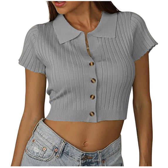 Lzobxe Womens Shirts Casual Turndown Collar Buttons Short Sleeve Solid Pullover Tops Loose,Sizes S-XL