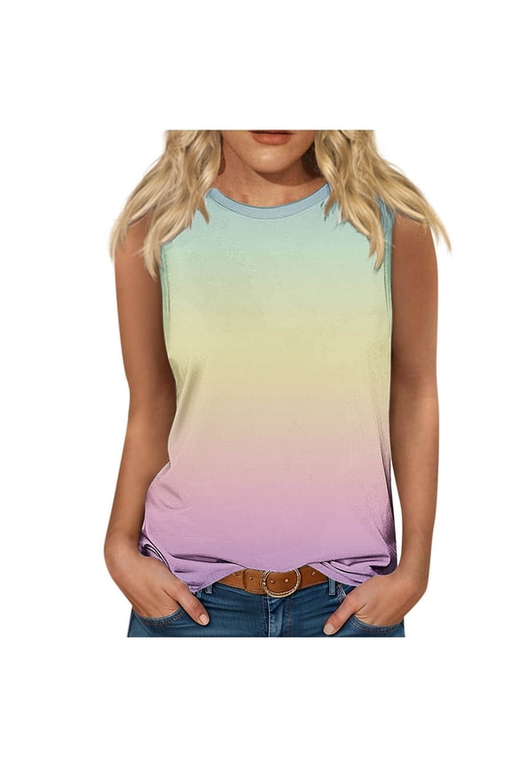 Womens Tank Tops Casual Printed Sleeveless Round Neck Top Blouse,Sizes S-5XL