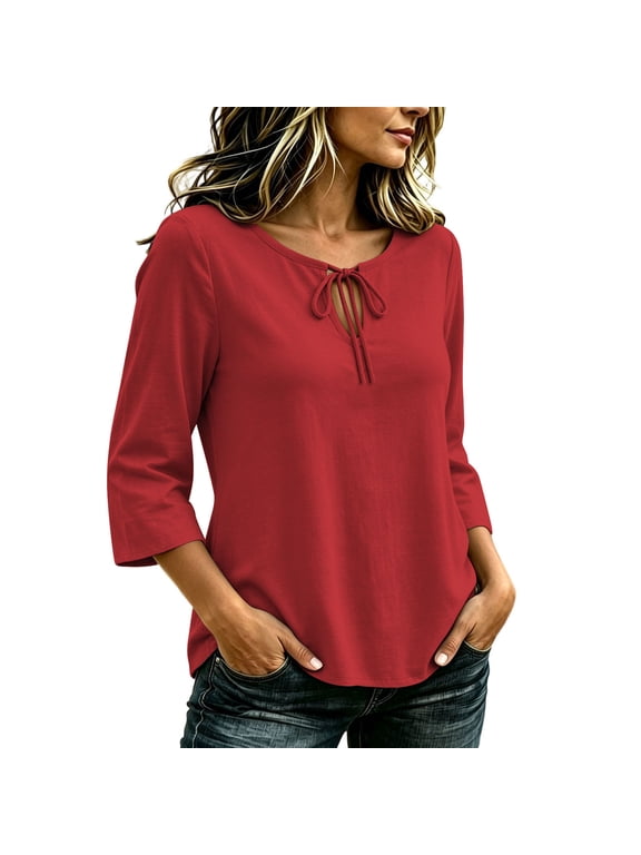 Womens Tops 3/4 Sleeve Cotton Linen Three-quarter Sleeve Tops with Drawstring Casual Loose Fit Fashion Blouses,Size S-3XL