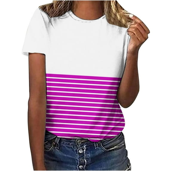 Lzobxe Womens Tops Casual Loose Colorful Stripe Round Neck Printed T-shirt,Sizes S-3XL