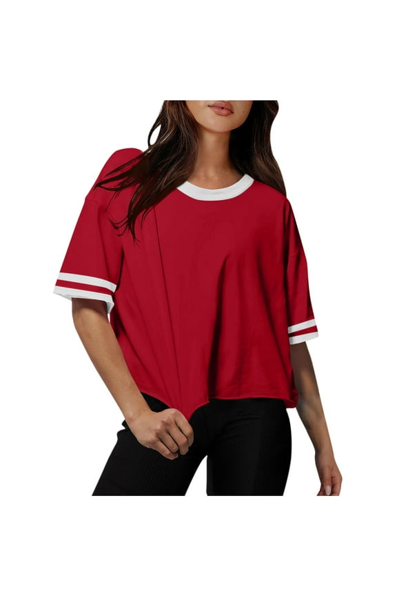 Womens Tops Drop Shoulder Round Neck Oversized Crop Workout Tees,Sizes S-2XL