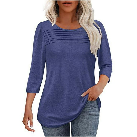 Lzobxe Womens Tops Solid Round Neck with Three-quarter Sleeves and Loose T-shirt,Sizes S-3XL