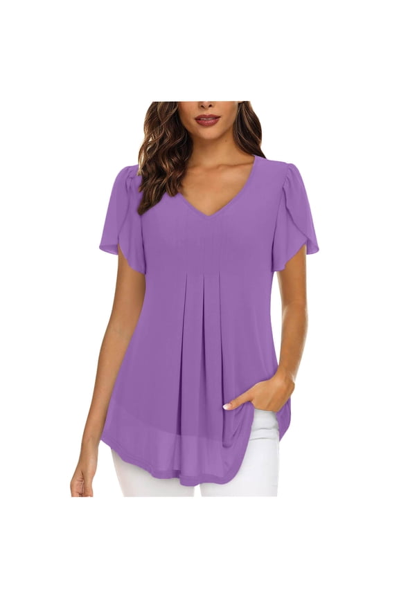 Womens Tops V-Neck Blouse Flutter Sleeve Pleated front Casual Loose Fit,Size S-2XL