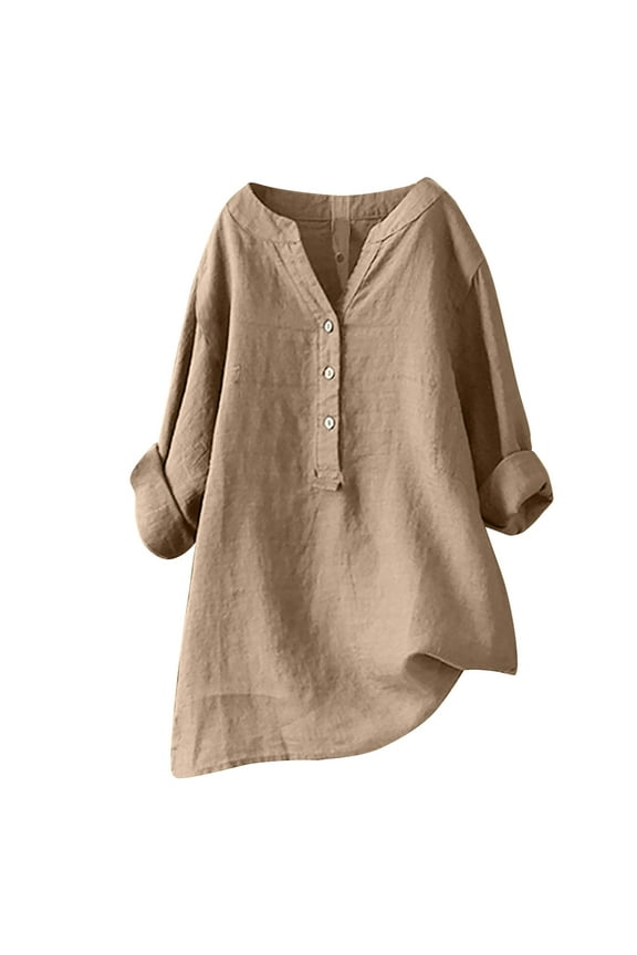 Womens Tops V-Neck Half Sleeve Loose Button Cotton and Linen Tunic Summer Blouse,Sizes S-5XL