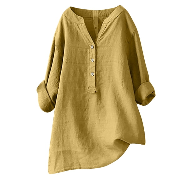 Lzobxe Womens Tops V-Neck Half Sleeve Loose Button Cotton and Linen Tunic Summer Blouse,Sizes S-5XL