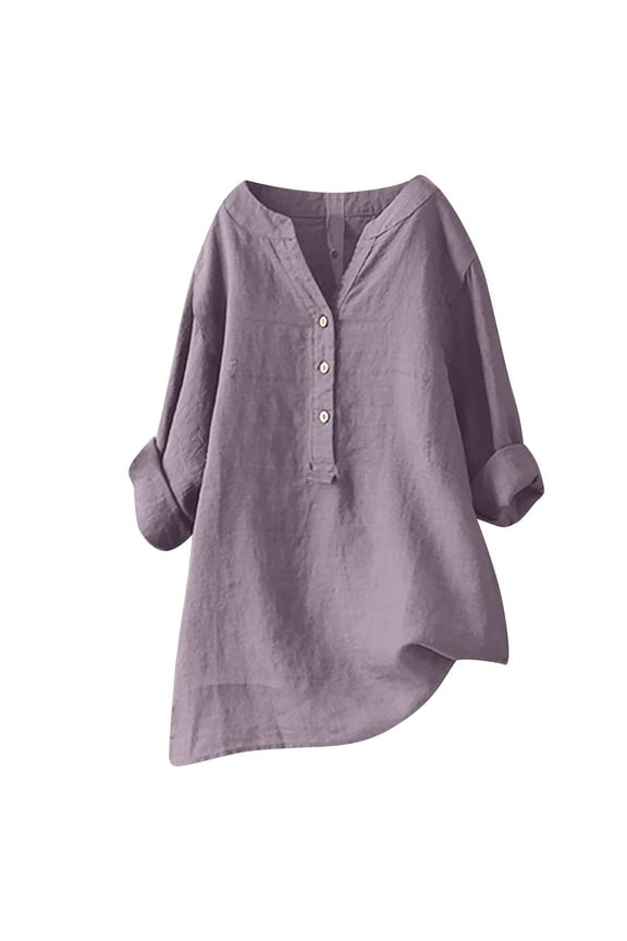 Womens Tops V-Neck Half Sleeve Loose Button Cotton and Linen Tunic Summer Blouse,Sizes S-5XL