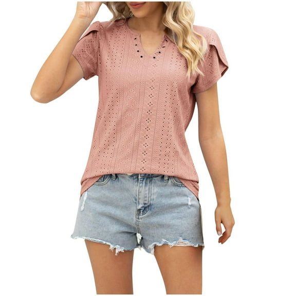 Lzobxe Womens Tops V-Neck Short Sleeved Buttons Hollow T-Shirt Casual Blouses,Sizes S-2XL
