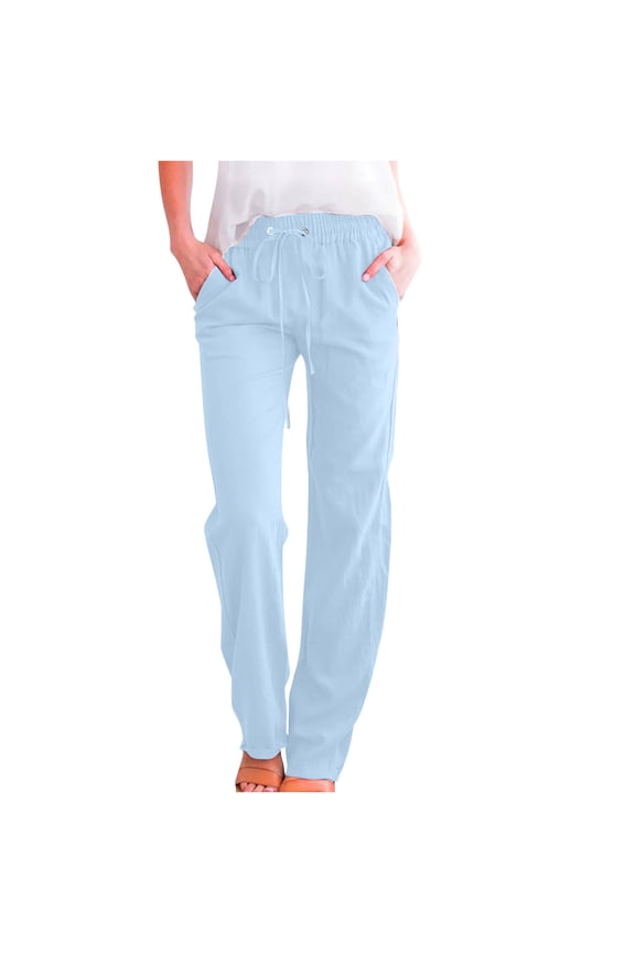 Linen Pants Women Summer Lightweight Drawstring Lounge Straight Leg Slim Comfy,Sizes S-3XL